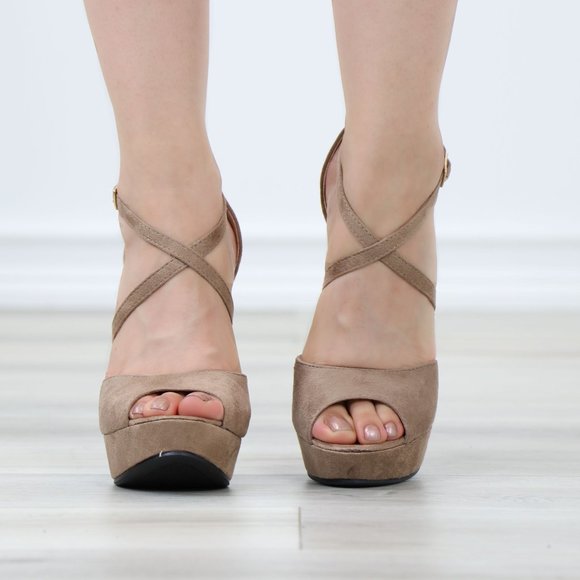 Tan Faux Suede Platform Open Toe High Heel Stiletto Sandal - Picture 9 of 11